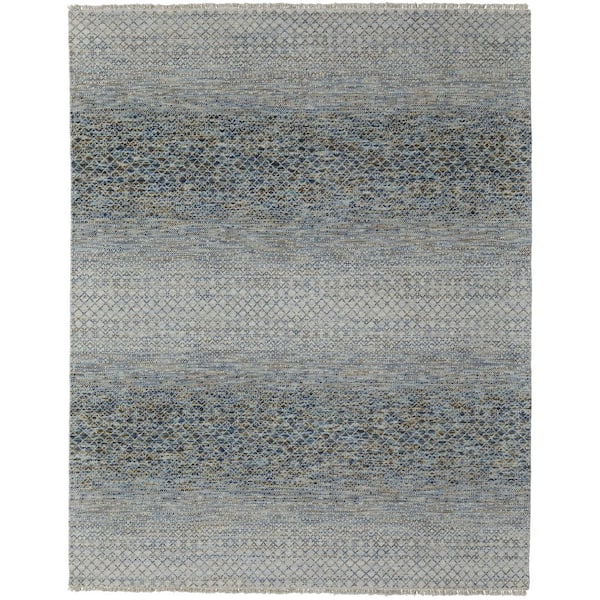 6 ft. x 9 ft. Ivory Blue and Brown Wool Hand Knotted Area Rug With Fringe