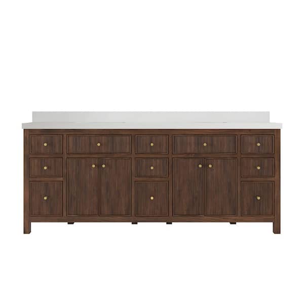 Sonoma Teak 84 in. Double Sink Freestanding Dark Walnut Bath Vanity with White Qt. Top Unassembled