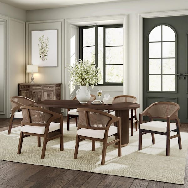 Tammy 7-Piece Walnut Oval Wood Top Dining Table Set Seats 6 and Beige Upholstery Chairs with Rattan Back