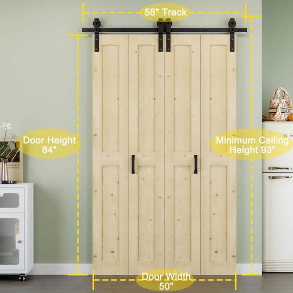 50 in. x 84 in. Paneled H Shape Solid Pine Wood Unfished Bi-fold Sliding Barn Door with Hardware Kit and Handle
