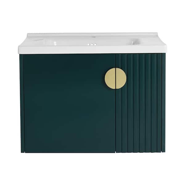 FORCLOVER 28 in. W x 18.5 in. D x 20.69 in. H Single Sink Wall Mounted Bath Vanity in Green with White Ceramic Top