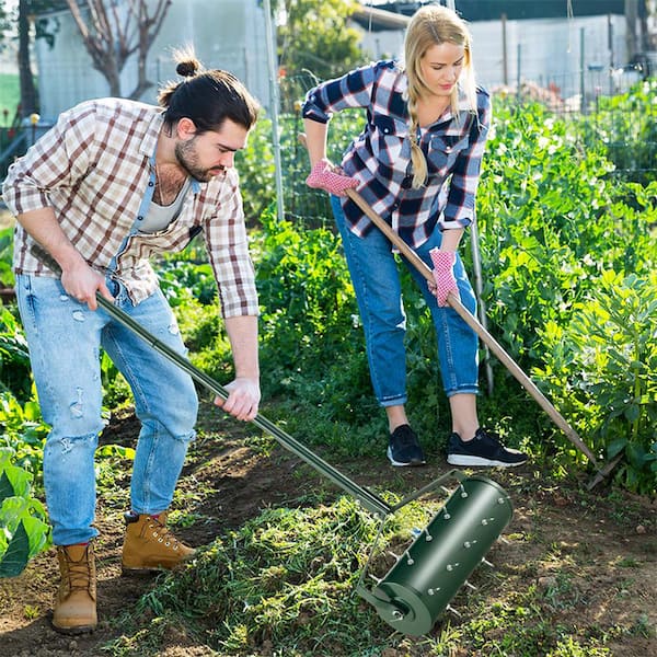 18 in. Manual Lawn 30-Tine Spike Aerator Rolling Push Grass Filled with Sand or Stone Aeration Tool in Green