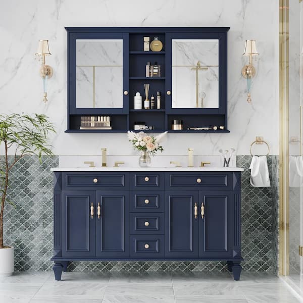 55 in. W x 35 in. H Rectangular Solid Wood Bathroom Medicine Cabinet with Mirror, 2-Soft-Closed Doors, Shelf, Blue