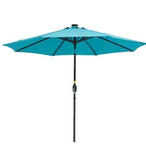 9 ft. Steel Lake Blue Outdoor Solar LED Tiltable Patio Umbrella Market Umbrella with Crank Lift