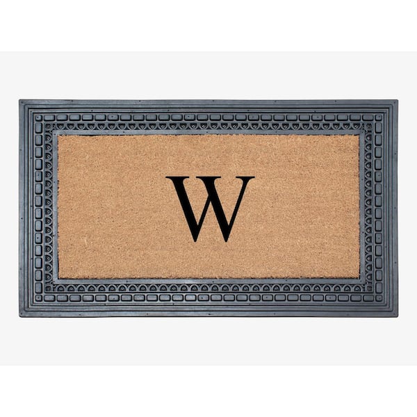 A1 Home Collections A1HC Square Geometric Black/Beige 24 in. x 39 in. Rubber and Coir Heavy Duty Easy to Clean Monogrammed W Door Mat