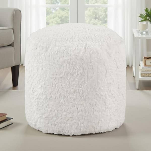 Off White Polyester Blend and Faux Fur Round Modern Pouf Ottoman with Fluffy Texture