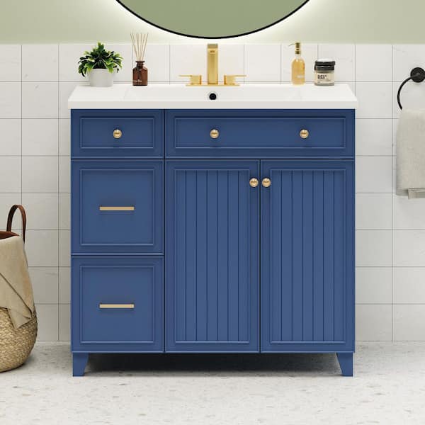 Ziyudura 36 in. Single Sink Freestanding Blue Bath Vanity with White Resin Top, 2 Drawers and 1 Adjustable Storage Shelf