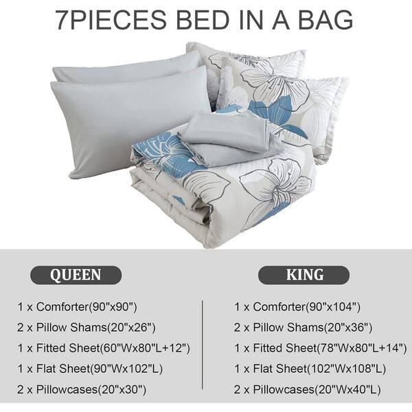 Floral 7-Piece Blue Soft Microfiber Queen Comforter Set Bed in a