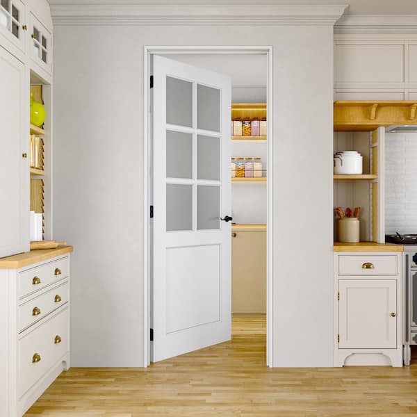 30 in. x 80 in. Modern 6 Lite Frosted Glass White Solid Core Wood MDF Primed Standard Interior Door Slab