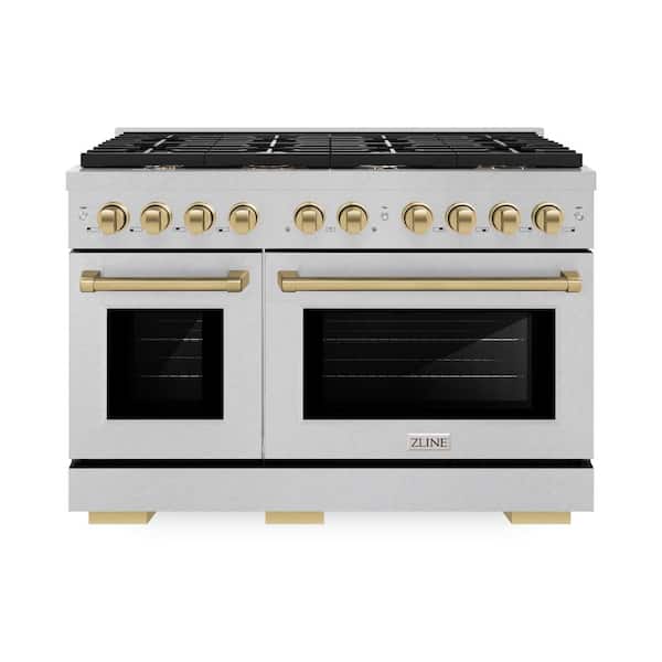 ZLINE Kitchen and Bath Autograph 48 in. Paramount Double Oven Dual Fuel Range with 8 Burners in Satin Steel and Champagne Bronze Accents