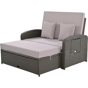 PE Wicker Rattan Outdoor Double Chaise Lounge with Gray Cushions, with 3-Height Adjustable Back