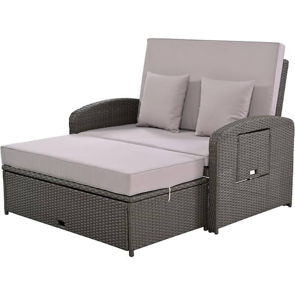 Tenleaf PE Wicker Rattan Outdoor Double Chaise Lounge with Gray Cushions, with 3-Height Adjustable Back