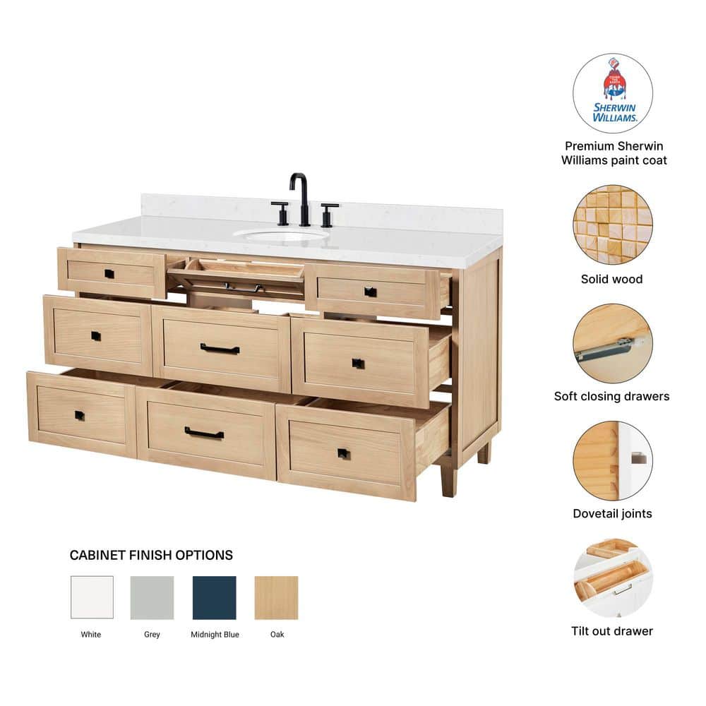 Monroe 66" Light Oak Freestanding Vanity with Carrara Quartz Top