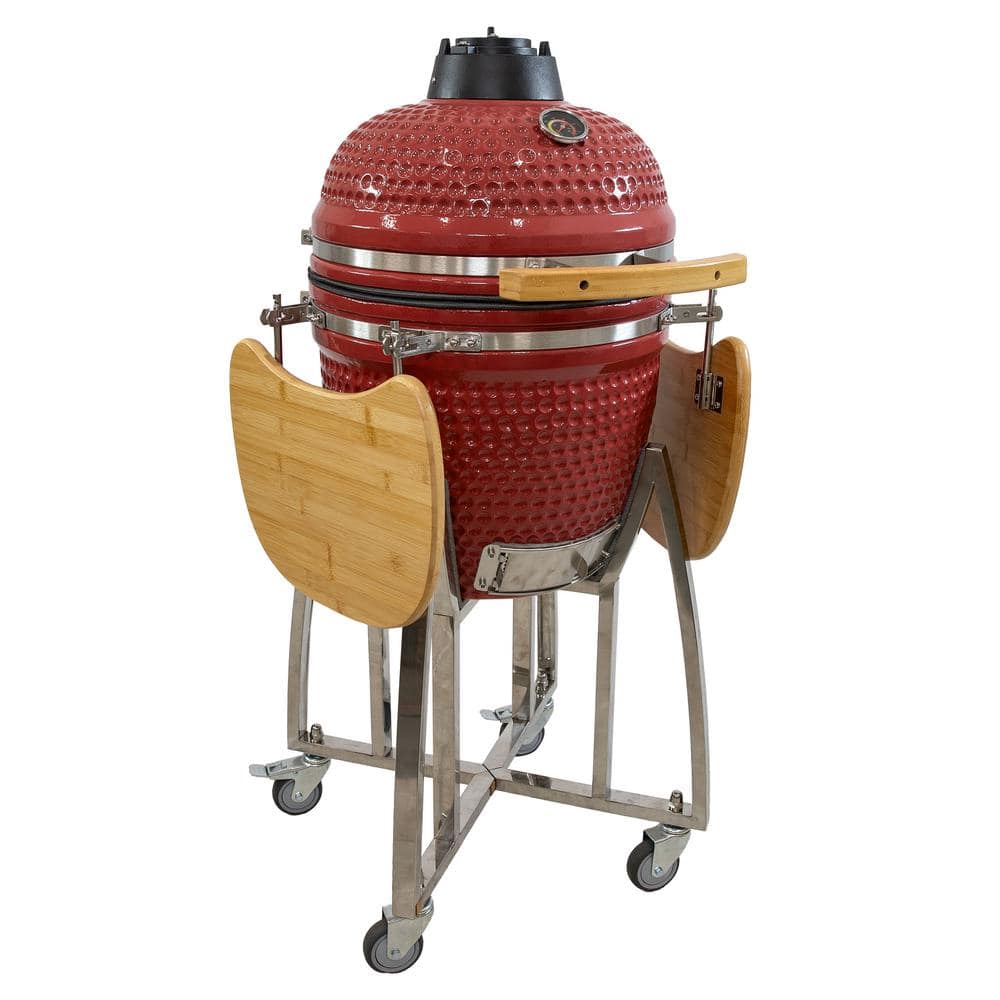 Red Ceramic Kamado Grill with Smoker and Bamboo Side Tables
