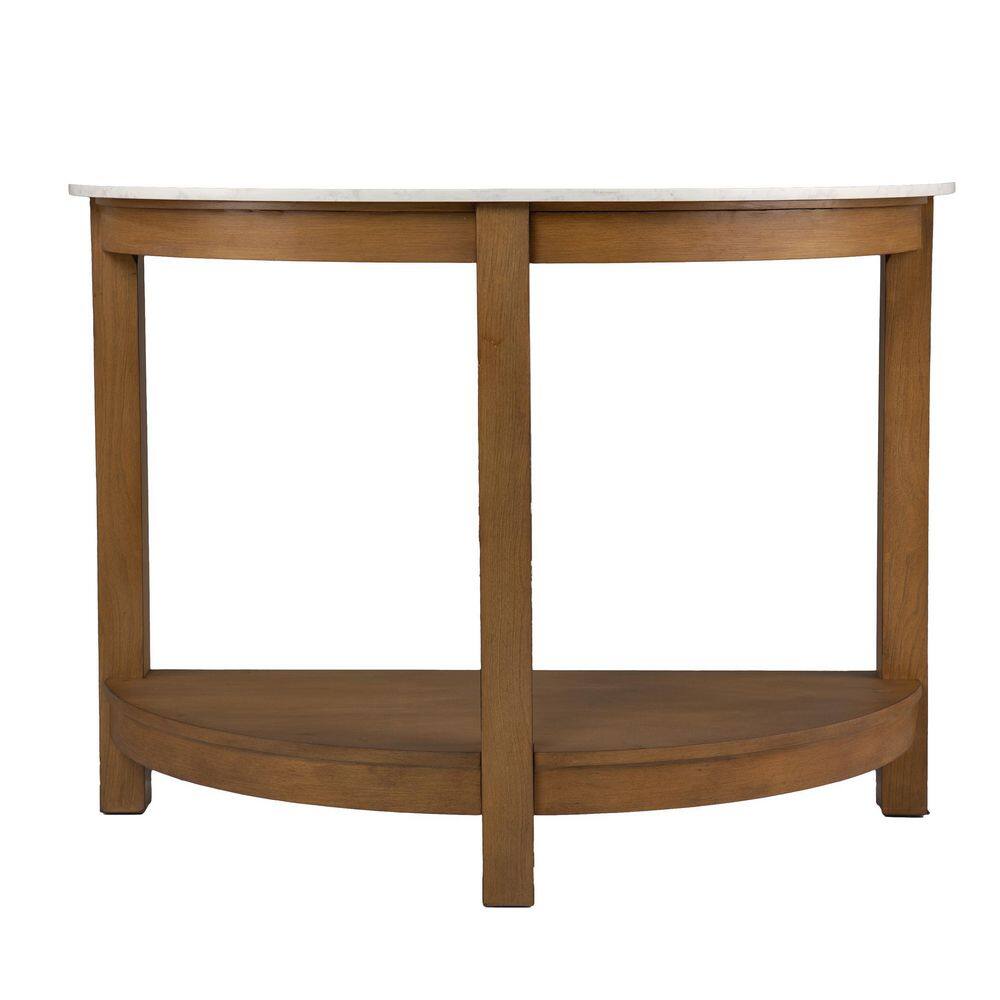 White and Natural Faux Marble Demilune Console Table with Storage