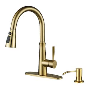 Single Handle Stainless Steel Pull Down Sprayer Kitchen Faucet with Soap Dispenser in Brushed Gold