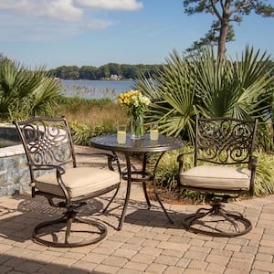 Traditions 3-Piece Patio Bistro Set with 2-Cast Aluminum Swivel Rockers with Beige Cushions and 32 in. Round Table