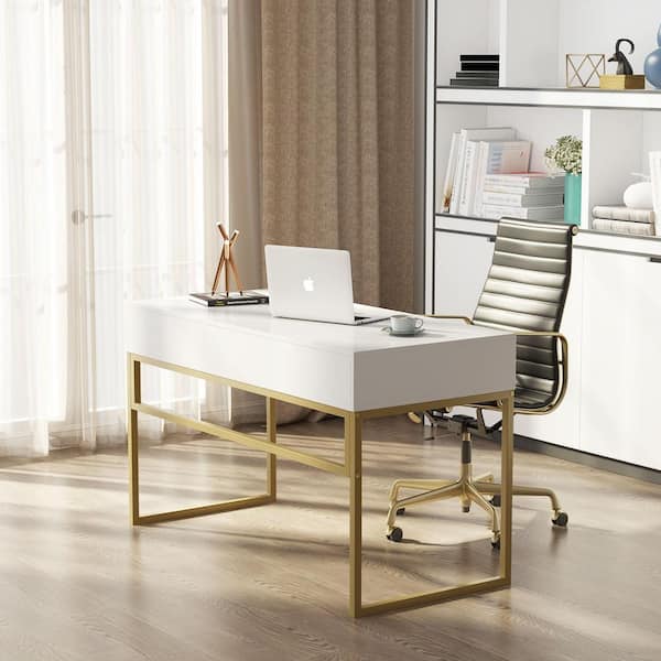 Modern White Rectangular Home Office Desk with Drawers in Gold Leg