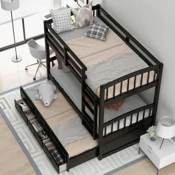 Polibi Espresso Twin over Twin Wood Bunk Bed with Trundle and Drawers