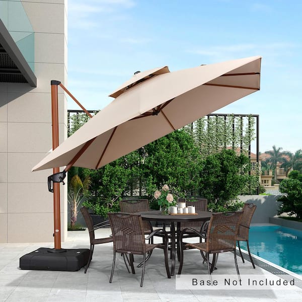 PURPLE LEAF 10 ft. Square All-aluminum 360-Degree Rotation Wood pattern Cantilever Offset Outdoor Patio Umbrella in Beige