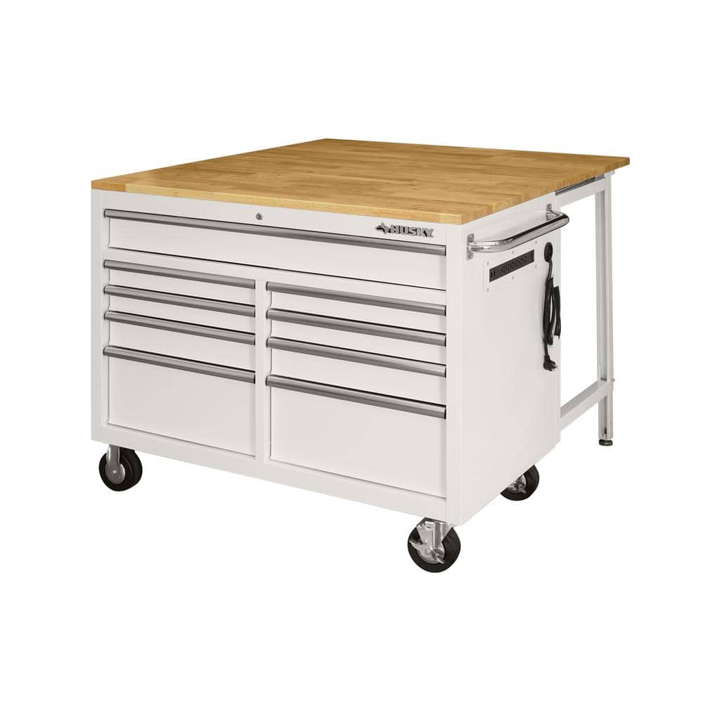 Husky 46 in. W x 51 in. D Standard Duty 9-Drawer Mobile Workbench with Solid Top Full Length Extension Table in Gloss White, Gloss White with Silver Trim -  HOTC4609BJ5M
