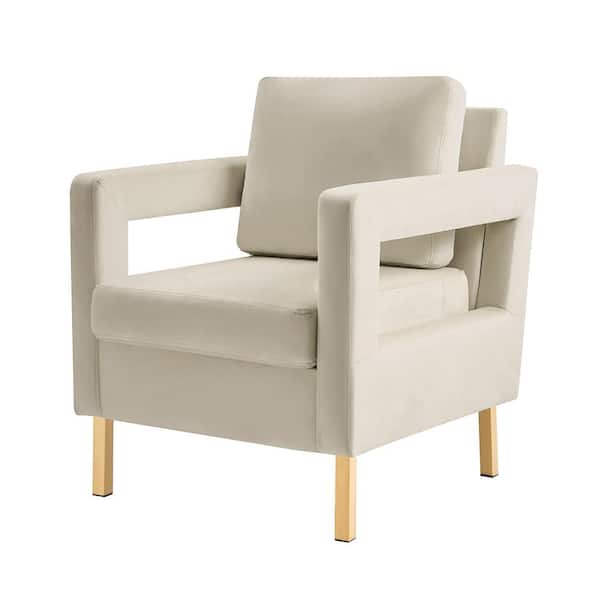 JAYDEN CREATION Anika Modern Tan Comfy Velvet Arm Chair with Stainless Steel Legs and Square Open-framed Arm