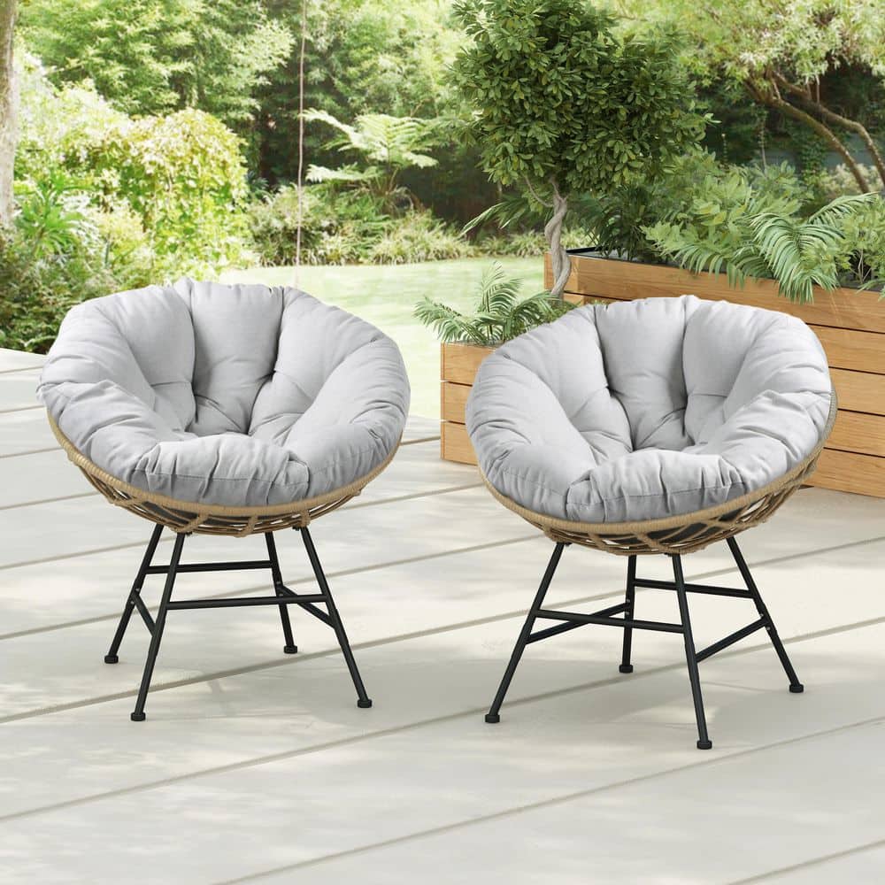 Palos Outdoor Brown Wicker Lounge Chair Set of 2, with Light Gray