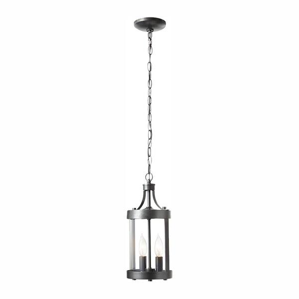 Home Decorators Collection Glastonbury Caged 2-Light Aged Iron Outdoor Pendant Light Fixture with Clear Glass