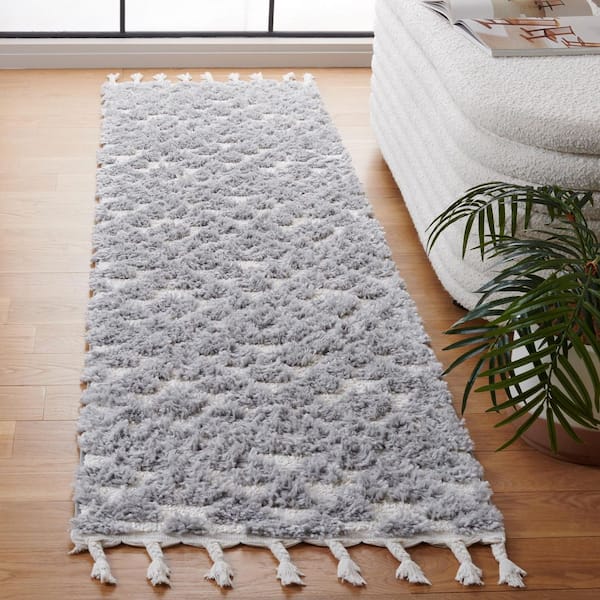 Moroccan Tassel Shag Gray/Ivory 2 ft. x 8 ft. High-Low Geometric Fringe Runner Rug
