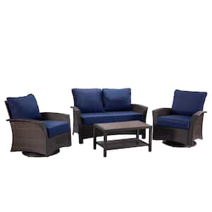 Williamsport 4-Piece Brown Wicker Patio Conversational Set with Dark Blue Cushions and Furniture Covers