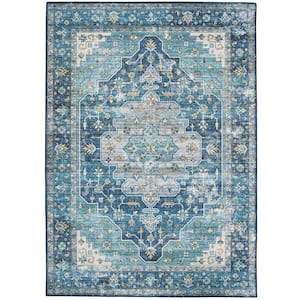 Washable Alana Teal/Ivory 5 ft. x 7 ft. Abstract Rectangle Area Rug