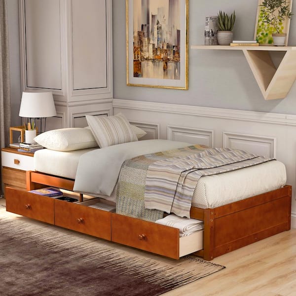 Harper Bright Designs Oak Twin Size Platform Storage Bed With 3 Drawers Storage Sg000109aaa The Home Depot