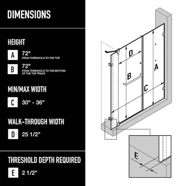 VIGO Pirouette 30 to 36 in. W x 72 in. H Pivot Frameless Shower