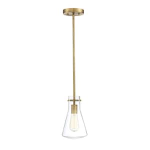 6.25 in. W x 10.5 in. H 1-Light Natural Brass Shaded Pendant Light with Clear Glass Shade