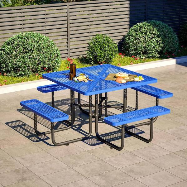 46 in. Blue Square Outdoor Carbon Steel Picnic Table Seats 8 People with Umbrella Hole