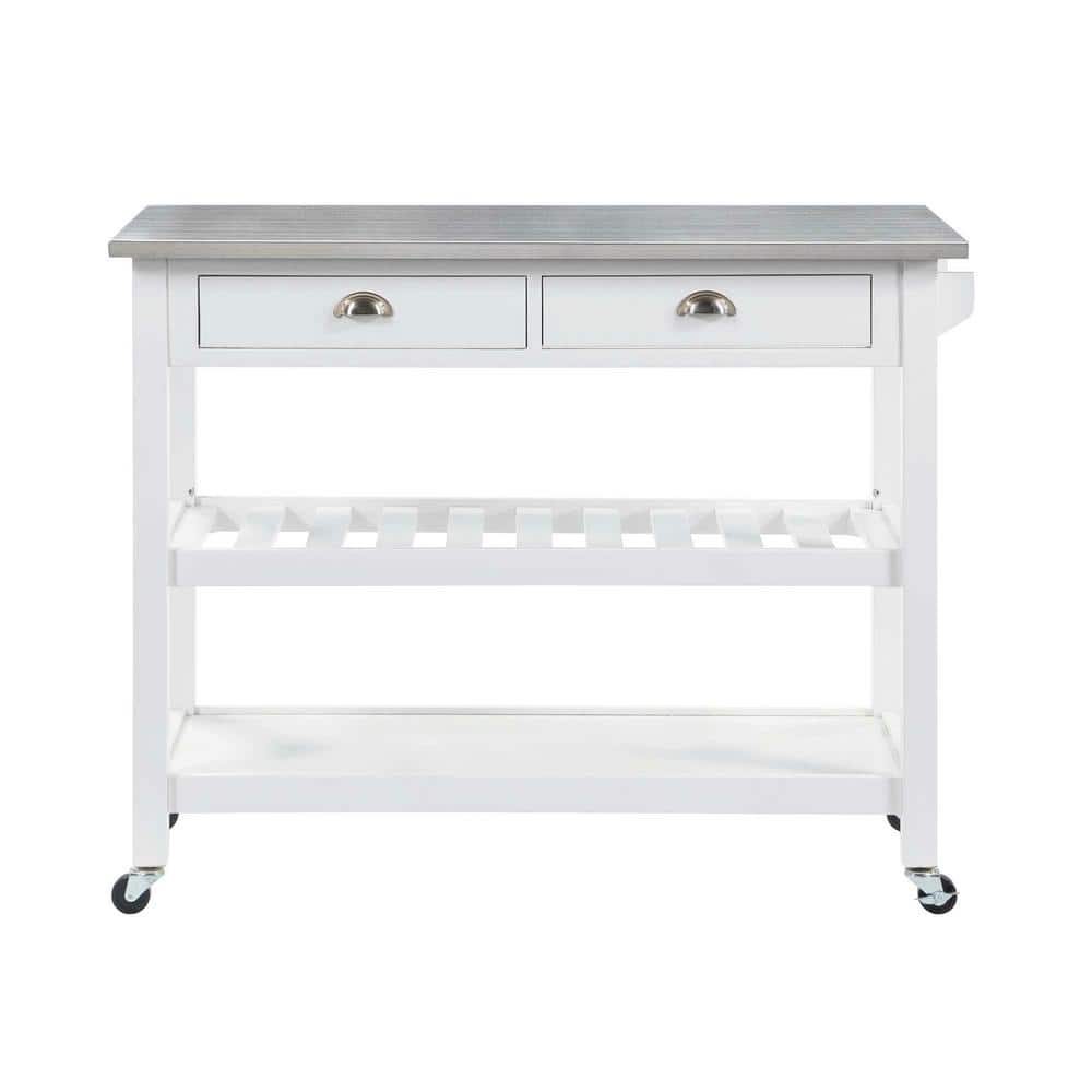 White Stainless Steel Kitchen Cart with Wine Rack and Storage