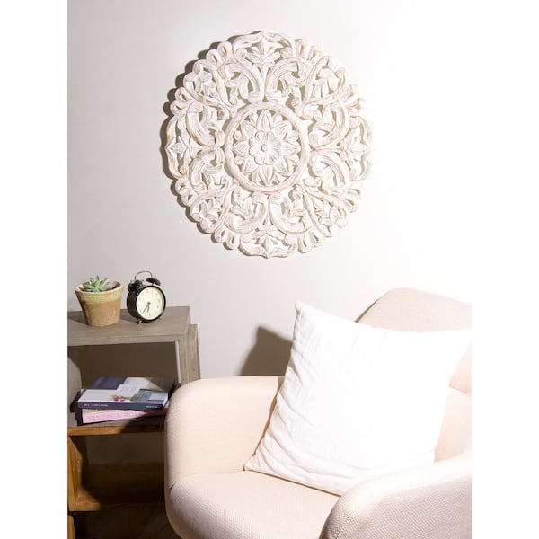 Best Home Fashion Round Decorative Whitewashed Carved Wood Wall Panel Rr12 White The Depot - Whitewashed Wooden Wall Art