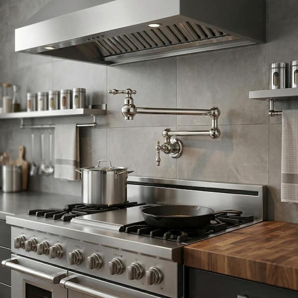 Wall Mount Pot Filler with Double Handle in Polished Nickel