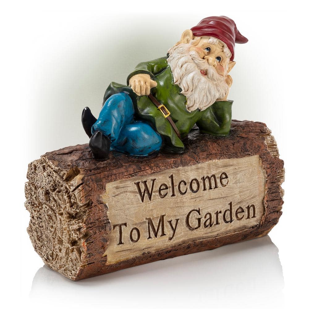 9 in. Tall Outdoor Garden Gnome and Welcome Sign Yard Statue Decoration, Mu
