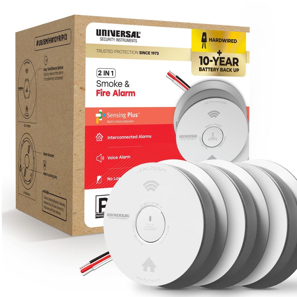 (3-Pack) Hardwired and 10-Year Battery Backup Smoke Detector with Photoelectric Sensor and Voice Alert
