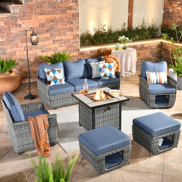 HOOOWOOO Echo Black 6-Piece Wicker Multi-Functional Patio Conversation Sofa Set with a Fire Pit and Denim Blue Cushions
