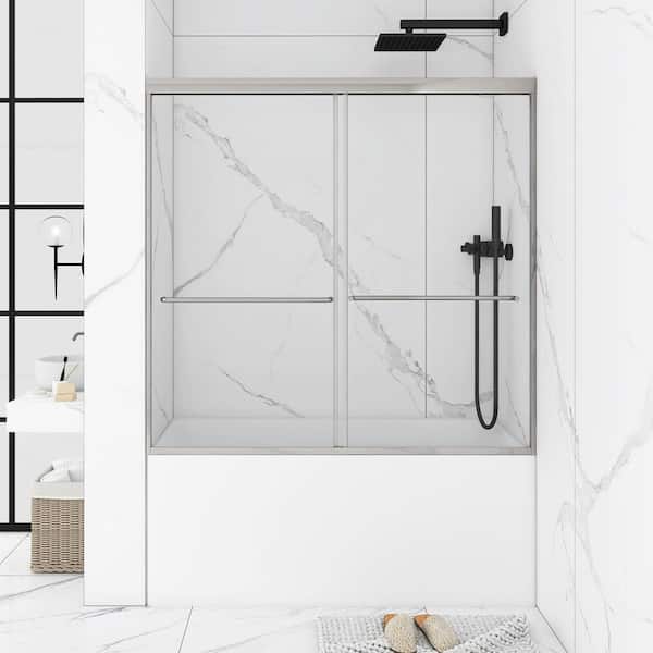JimsMaison 60 in. W x 58 in. H Double Sliding Tub Door in Chrome with Clear Tempered Glass