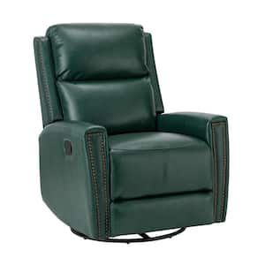 Savino Minimalist design 30.31 in. Wide Genuine Leather Swivel Rocker Recliner with Nailhead Trim and Tufted Back -Green