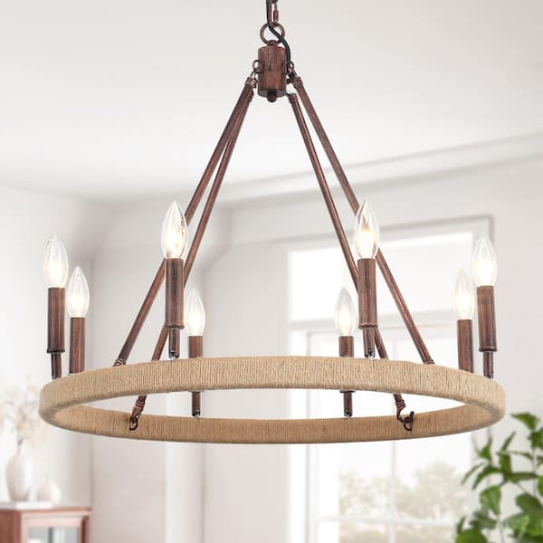 8-Light Reddish Rust Farmhouse Dimmable Hemp Rope Wagon Wheel Candlestick Chandelier for Living Room
