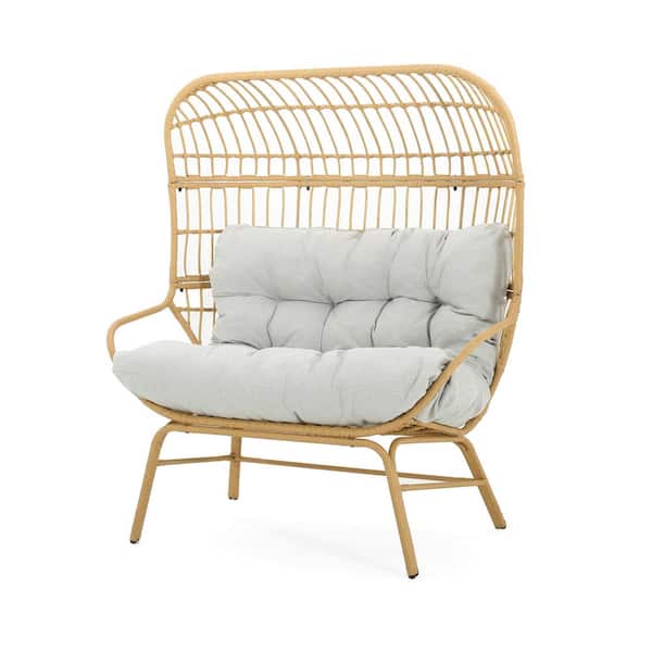Light Brown 1-Piece Wicker Outdoor Loveseat with Gray Cushions
