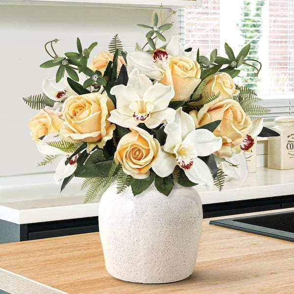LIVING LUXURY 18 in. Ivory Champagne Artificial Mixed Rose