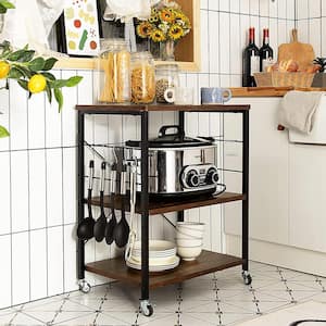 3-Tier Brown Wood Kitchen Cart with 10-Hooks