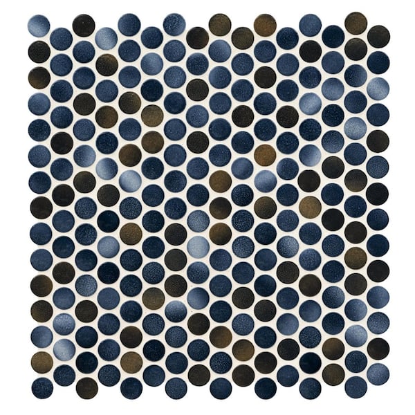 Azul Penny Round 12 in. x 13 in. x 0.24 in. Glossy Porcelain Mesh-Mounted Mosaic Floor and Wall Tile(14.36 sq. ft./Case)