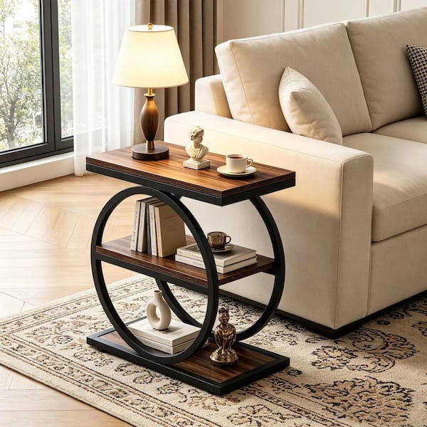 24 in. Dark Brown Rectangle Wood End Table with 3 Tiers Storage Shelves and Adjustable Foot Pads, Easy Assembly