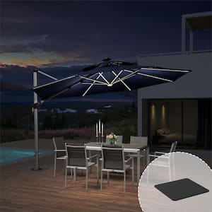12 ft. Octagon Aluminum Solar Powered LED Patio Cantilever Offset Umbrella with Base Plate, Navy Blue